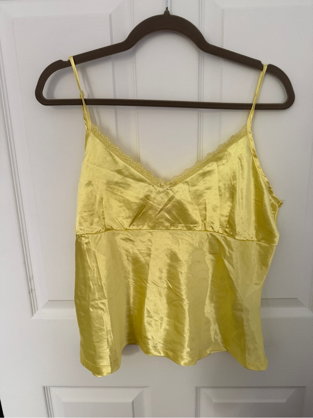 Butter yellow satin tank with lace bow trim
